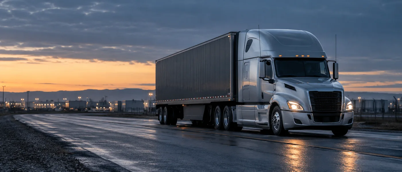 AI-generated concept photograph of an unbranded semi-truck on a road in cool evening light.