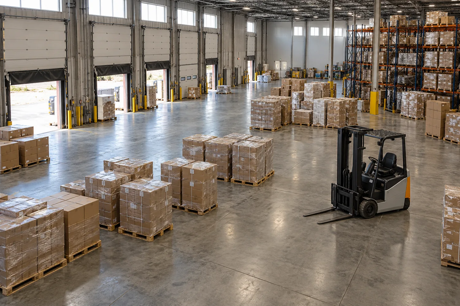 AI-generated concept photograph of a warehouse receiving floor, with pallet racks and a forklift seen from an elevated angle.
